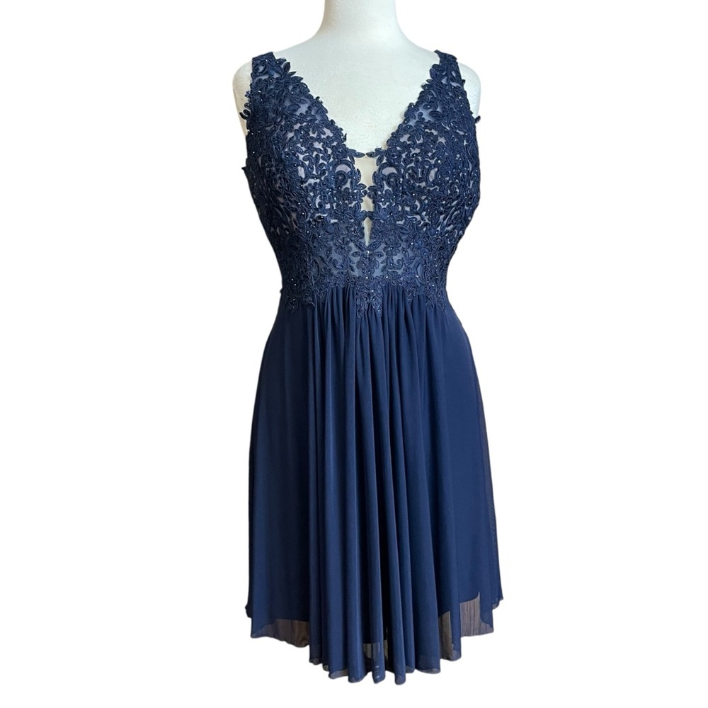 Faviana navy blue bead-embellished short chiffon dress 14